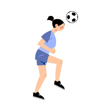 Female soccer player in the blue t-shirt hit the ball with her head right view. Vector illustration in flat cartoon style.