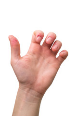 White Caucasian female hand in a light grip position showing off bitten fingers from Dermatophagia disorder isolated against pure white background