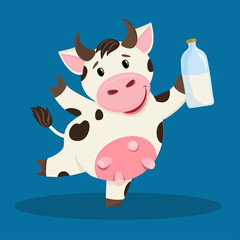 Cute cow smiles and holds milk in her hands. Spotted pet for advertising dairy products, children's literature, postcards and any designs.