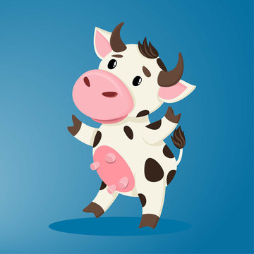 A cute cow is smiling. Spotted pet for advertising dairy products, children's literature, postcards and any designs.