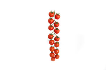 Cherry tomato vine with many red ripe tomatoes close up front view shot isolated on white