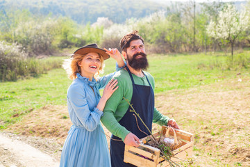 Worker family agriculture. Summer farming. I love our moments in the countryside. Two people walking in agricultural field. Earth day. © Volodymyr