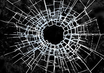 Broken glass, cracks, bullet marks on glass. High resolution. Texture glass with black hole. You can easy change colors or sizes.