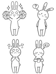 Set of cute cartoon rabbits. Hand drawn vector illustration. Coloring page. Emotions. Stickers.