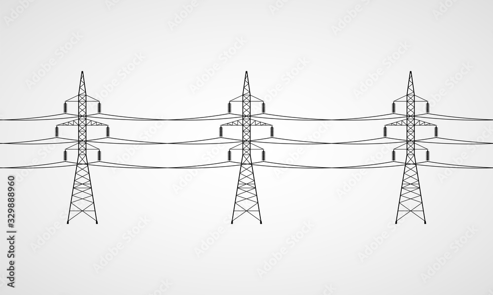 Wall mural power lines. high voltage power line transmission towers. vector illustration