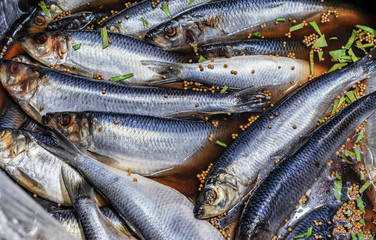 Salted herring with spices in a wooden barrel at a street market.