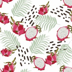 Seamless pattern with dragon fruits, pitaya and palm tropical leaves background. Hand drawn  illustration for summer romantic cover, tropical wallpaper, vintage texture.