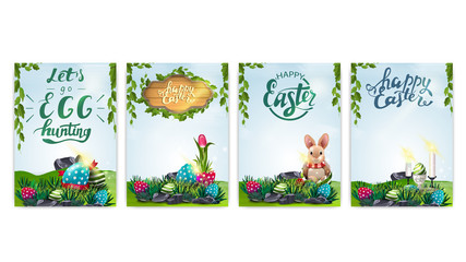 Collection Easter postcards with spring landscape, Easter eggs, bunny, tulip and lettering. Easter posters isolated on white background ready for printing