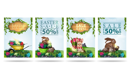 Easter sale, up to 50% off, collection discount banners in cartoon style with Easter icons and spring landscapes.