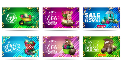 Large collection Easter web templates with Easter icons, letterings and liquid abstract shapes on background. Easter horizontal colorful postcards and discount banners