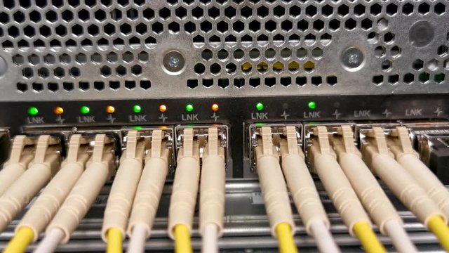 Netzwerkkabel an einem Netzwerk Switch f&uuml;r eine Cloud Umgebung, die Led Blinken und signalisieren die Datennutzung