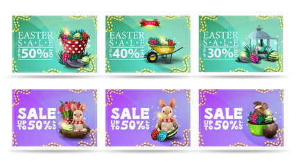 Easter sale, collection discount banners in cartoon style with Easter icons, liquid shapes on background and frame of garland. Easter discount banner with liquid abstract shapes on background
