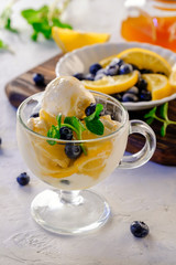 Tasty creamy ice cream with slices of lemon and blueberry, poured with sweet syrup in a glass cup on a light background