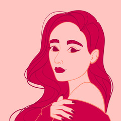 Vector illustration of a young woman with pink hair and lips, logo for beauty salon, spa