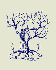 Old mystical tree without foliage. Vector. Black and white.