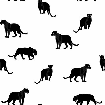 Seamless graphical  tropical pattern with black puma cat. Creative tropical texture for fabric, wrapping, textile, wallpaper, apparel. 
