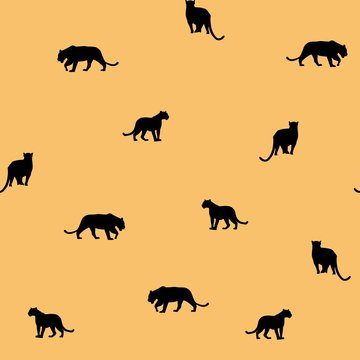 Orange seamless graphical pattern with black puma cat. Creative abstract texture for fabric, wrapping, textile, wallpaper, apparel. 