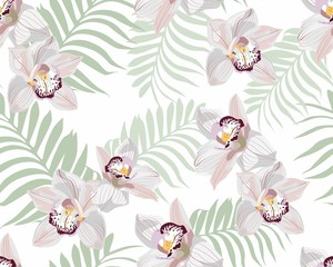 Watercolor style white orchid flowers and palm leaves seamless pattern. Decorative background in rustic style for wedding invite, fabric.