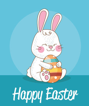 happy easter seasonal card with rabbit and egg painted