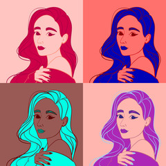 collection of vector illustrations of woman portrait in pink, blue, purpland mint colors