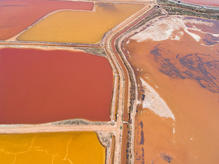 Aerial picture of Trapani salt evaporation pondsand salt crystals are harvested as water dries up sometimes these ponds have vivid colours, Sea salt farm or salt evaporation plant.