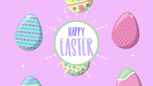 happy easter animated card with eggs painted and lettering
