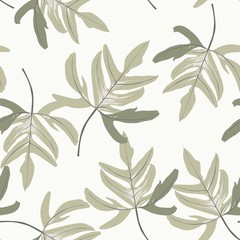 Floral seamless pattern, green tropical leaves plant on white background,  vintage theme.