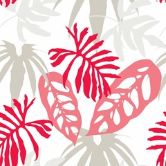 Abstract seamless tropical pattern with bright colorful leaves on white background. Seamless exotic pattern with tropical plants. Exotic wallpaper. Trendy summer Hawaii print.