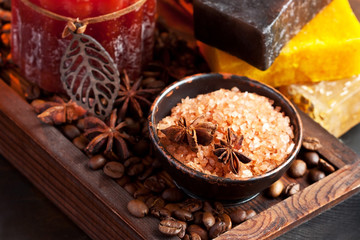 Aromatic spa coffee set with sea salt and soap