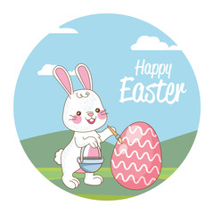 happy easter seasonal card with rabbit painting egg icon