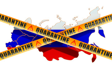 Quarantine in Russia concept. Russian map with caution barrier tapes, 3D rendering