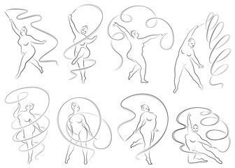 Collection. Gymnastics. Silhouette of a girl with a ribbon. The woman is overweight, a large body. The girl is full figured. Vector illustration set