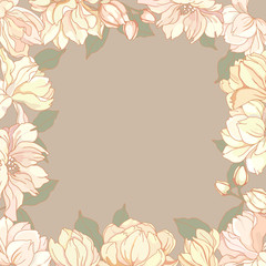 Rectangular floral frame of soft pink and pale yellow magnolia flowers, on a dark olive background. Registration of invitations, congratulations, cards.