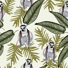 Grey lemur with exotic palm leaves seamless repeating pattern background. Perfect for fabrics, apparel, wallpaper, gift wrap, scrapbooking projects.