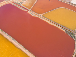 Aerial picture of Trapani salt evaporation pondsand salt crystals are harvested as water dries up sometimes these ponds have vivid colours, Sea salt farm or salt evaporation plant.