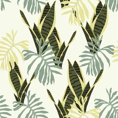 Tropical jungle plants, Sansevieria and exotic leaves on yellow background. Beach seamless pattern.