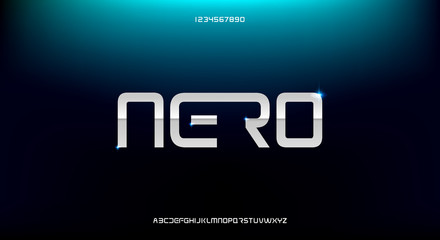 Nero, an abstract sporty technology alphabet font. digital space typography vector illustration design