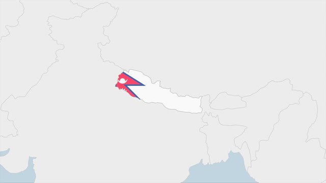 Nepal map highlighted in Nepal flag colors and pin of country capital Kathmandu.