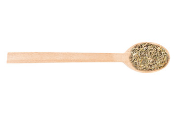 wormwood herb or in latin Absinthii herba herb in wooden spoon isolated on white background. medicinal healing herbs. herbal medicine. alternative medicine