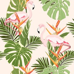 Pink flamingo, graphic palm leaves, light vintage background. Floral seamless pattern. Tropical illustration. Exotic plants, birds. Summer beach design. Paradise nature.
