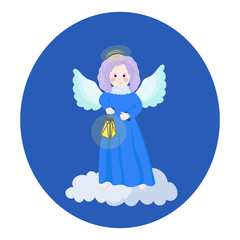 Cute little angel of light at night holding a lamp. Vector hand drawn illustration.