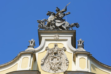 Sculpture of St. George, which crowns the facade of St. George's Cathedral.