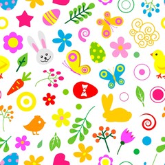 Happy Easter vector seamless pattern. Easter colorful cute birds, bunny, flowers, eggs on white background. Spring christian holiday backdrop for gifts and presents wraping or textile.