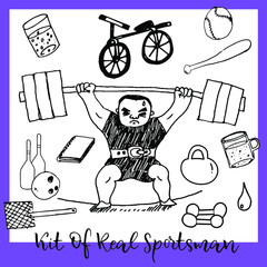 Set in the style of hand drawing, comic illustration outline. Sports things. Athlete Kit.