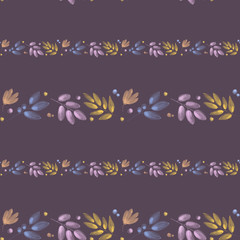 Delicate twigs border watercolor digital art seamless pattern on violet background. Print for cards, invitations, weddings, banners, posters, fabrics, wrapping paper, packages, web design.