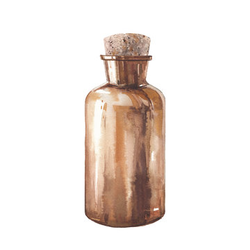 Watercolor vintage bottle. Hand drawn illustration isolated on white background