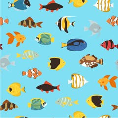 Fototapeta premium Tropical fishes coral reef for aquarium cartoon fishes seamless pattern cartoon vector illustration. Ornamental sea and ocean popular color fish background.
