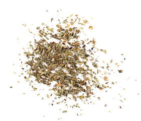 Basil dried spice isolated on white background and texture, top view