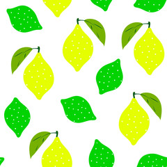 lemon, lime, citrus seamless pattern. Tropical fruit background for menus, baby clothes, textiles, packaging. Ripe lemon, lime on a branch with leaves
