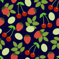 Ripe berries seamless pattern. Summer garden berries strawberries, gooseberries, cherries. Fruit print.